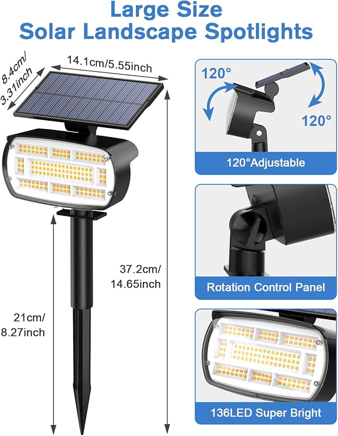 Fabrito Solar Spot Lights Outdoor 136 LEDs, Large Area Lighting Solar Lights Outdoor, 6 Pack IP65 Waterproof Landscape Spotlights Auto On/Off for Yard, Garden, Pathway, Plants,Tree (Warm White)