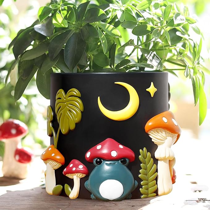 GUGUGO Colorful Frog Garden Plant Pots, Cute Unique Succulent Planters with Drainage, Rainbow Small Mushrooms Flower Planters Pots for Indoor Plants, Funny Eclectic Home Décor-Black