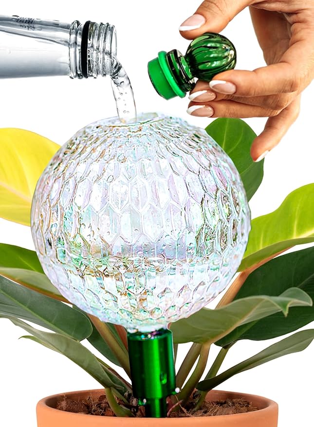 16 Oz Plant Watering Globes For Indoor Plants With Metal Self Watering Planter Insert - Premium XL Glass Hand-blown Globes - Automatic Indoor Planter Waterer, Gift Idea For Gardeners [1, Textured ]