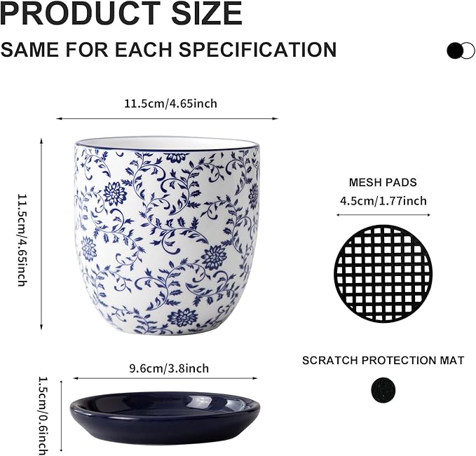 Ceramic Succulent Planter Pots - 4.6 Inch Small Flower Pot with Drainage Holes and Saucers for Indoor Plant, Cactus, Herbs, Outdoor Plants, Home Decor, Set of 4, Vintage Blue