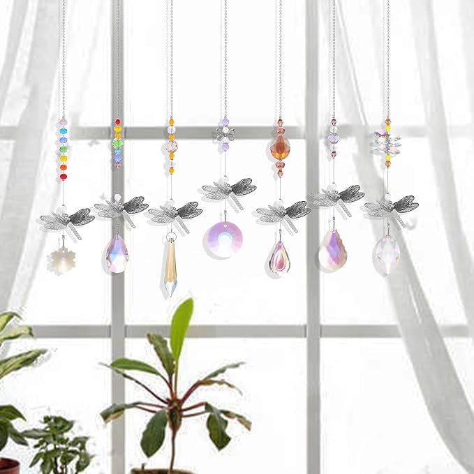 Pack of 7 Crystal Suncatchers Dragonfly Pendant Rainbow Maker Hanging for Window Wedding Garden Decor