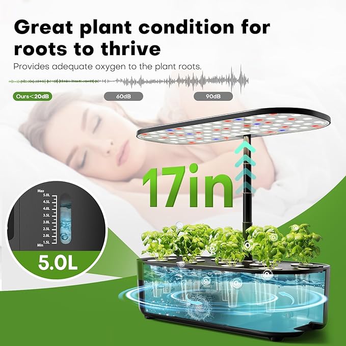 Ahopegarden Hydroponics Growing System Kit Indoor Herb Garden with Grow Light 12 Pods, with LCD Touch Panel Hydroponic Planter, Planting Height Up to 17", Grower Harvest Fresh Veggie Lettuce, Black