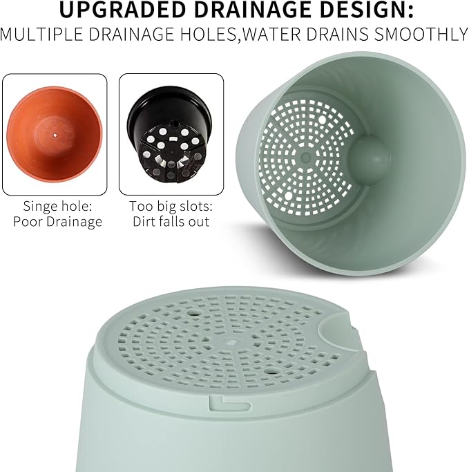 GARDIFE Plant Pots 7/6.5/6/5.5/5 Inch Self Watering Planters with Drainage Hole, Plastic Flower Pots, Nursery Planting Pot for All House Plants, African Violet, Flowers, and Cactus,Green