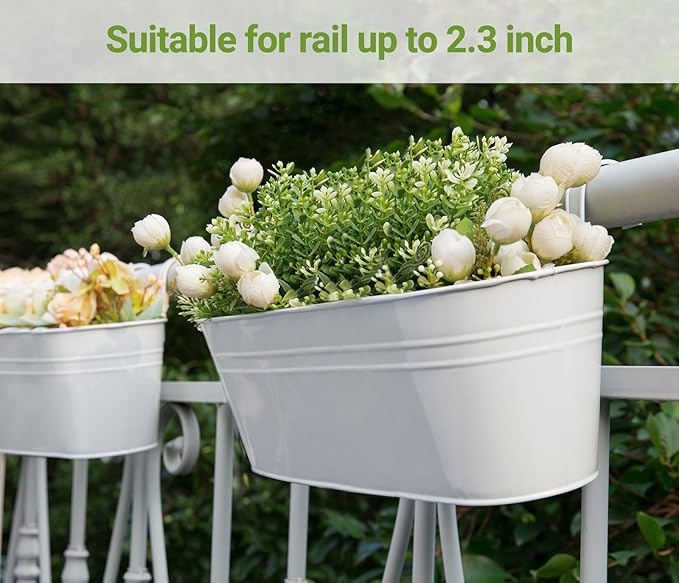 Dahey 3 Pcs Metal Iron Hanging Flower Pots for Railing Fence 15.7 Inch Hanging Bucket Pots Countryside Style Window Flower Plant Holder with Detachable Hooks for Garden Yard Home Decor, White