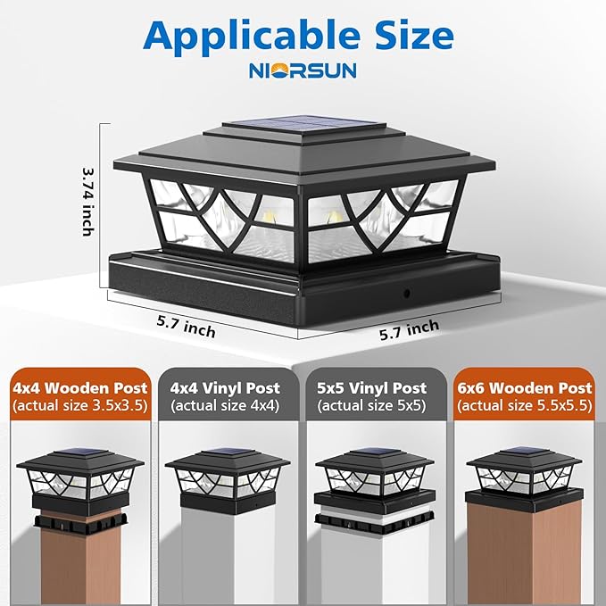 NIORSUN Solar Post Lights Outdoor 12 Pack, 2 Modes LED, Deck Fence Post Solar Lights for 3.5x3.5 4x4 5x5 5.5x5.5 Caps Patio Garden Decoration, Black
