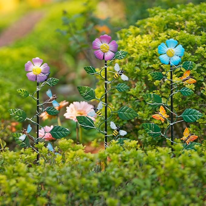 Set of 3 Solar Garden Lights,23'' H Flowers＆Insect Decorative Garden Stakes,Waterproof Metal Spring Yard Art Decor,Solar Stake Lights for Outside,Lawn,Yard,Patio