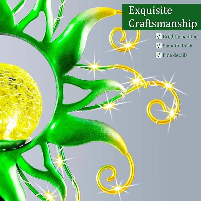 Solar Garden Lights Outdoor, Green Metal Sun Stake with 30 LED Waterproof Vine String Crackle Glass Spring Decor for Patio,Yardr,Lawn Gardening Birthday Gifts