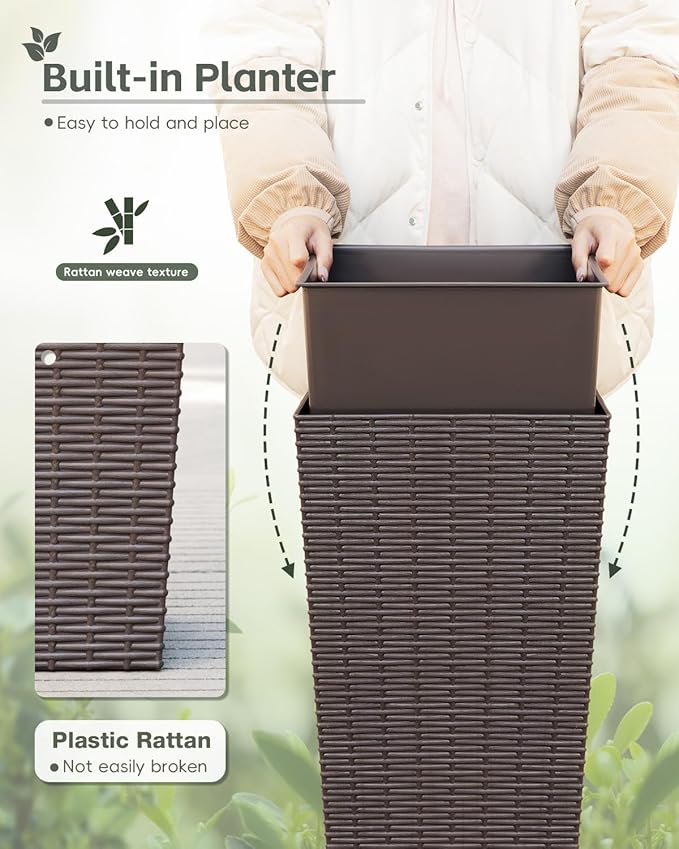 Greesum Large Tall Planter for Outdoors Plants, Set of 2, 32" Tall Plastic Flower Pots, Tapered Porch Planter with Drainage Holes for Patio, Backyard, Brown