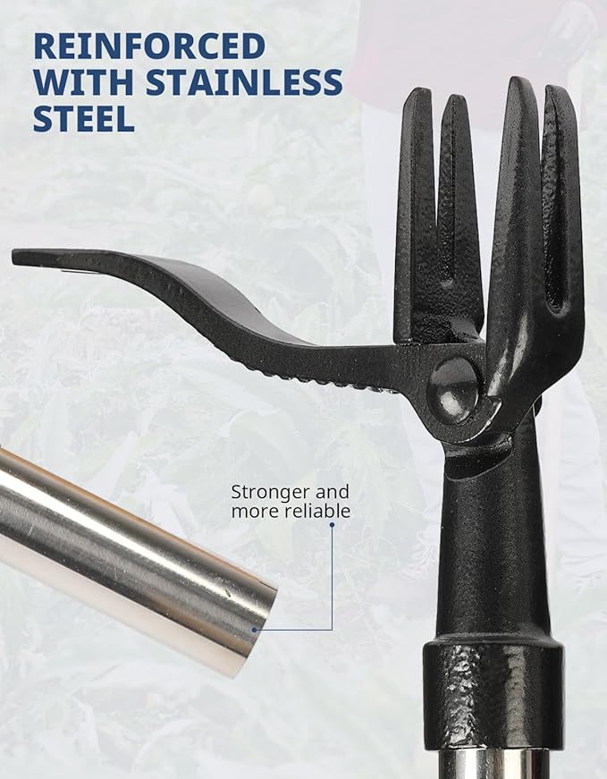 DEERFAMY Stand Up Weed Puller Tool with Long Handle, Manual Weeder with 3-Section Bamboo Construction & 4-Claw Steel Head Design, Gardening Hand Tool for Easy Weed Removal