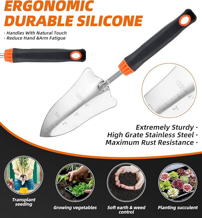 Garden Tool Sets with Organizer, 9 Piece Stainless Steel Heavy Duty Gardening Tool Kit Including Hand Saw, Hand Trowel, Hand Rake, Transplanter, Weeder, Crack Weeder, Pruner, Gloves, Storage Bag