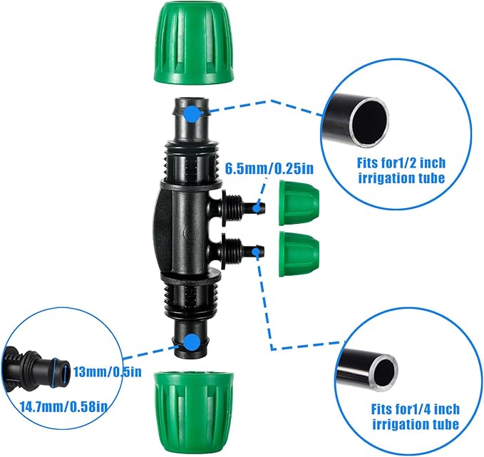 10 Pcs Barbed Tee 1/2 inch Tubing (1/2" ID x0.6-0.63" OD) 16mm to 1/4 inch Irrigation Tube Anti-Drop Quality Fitting (Fits 13mm ID / 4mm ID) (4-Way Lock Buckle Green)