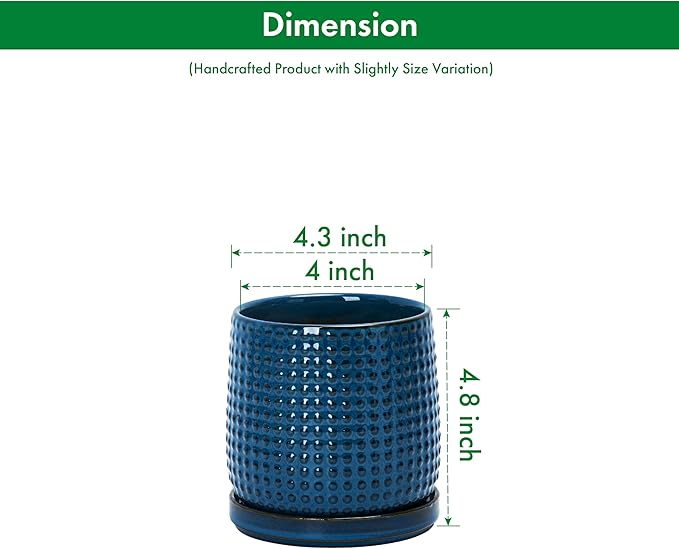 D'vine Dev 4 Inch Ceramic Beaded Stoneware Planter Pot - Flower Pot with Drainage Holes and Saucers for Indoor Succulent Plants or Flowers, Blue, 27-C-Z-3
