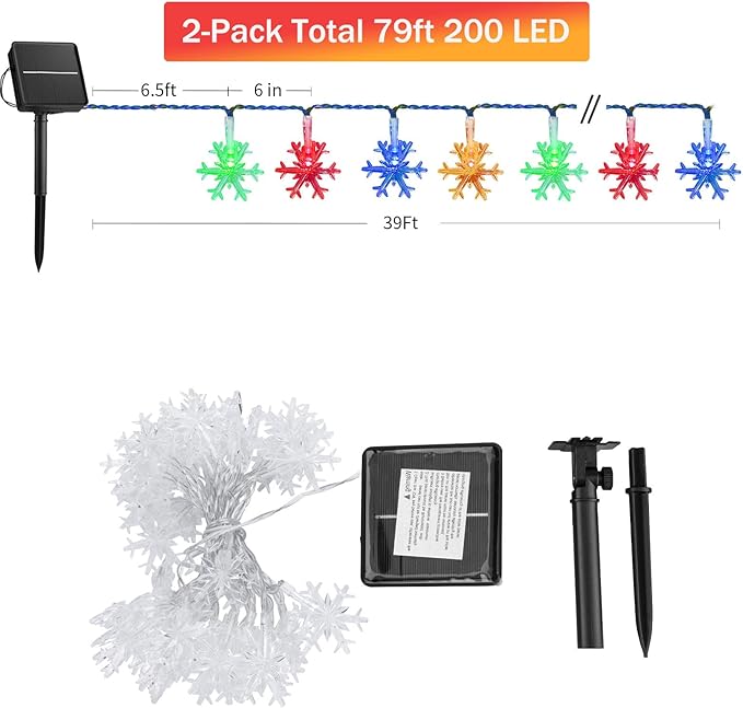 Brightown Solar Christmas Snowflake String Lights - 2 Pcs 100 LED 39 FT Outdoor Waterproof Fairy Lights with 8 Lighting Modes for Wedding, Party, Tree, Garden, Patio, Yard, Home, Multicolor