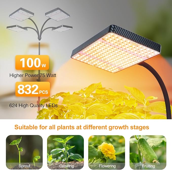 4-Head Grow Light with Stand 100W, FECiDA 2025 Grow Lights for Indoor Plants, Full Spectrum LED Plant Grow Light for Houseplants, Bonsai Tree, 4,8,12,16 Hr Timer and 360° Gooseneck