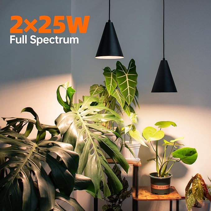 50W Double-Head Hanging Grow Lights for Indoor Plants, 3000K, Black LED Plant Light Bulbs with Timer and 16.4FT Power Cord, Perfect for Tall Plants, Gardens, Flowers, and Greenhouses