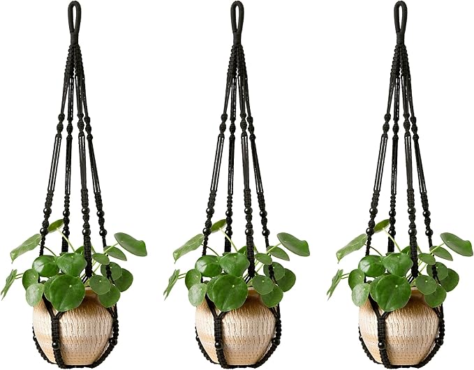 Mkono Macrame Plant Hanger Indoor Hanging Planter Basket with Wood Beads Decorative Flower Pot Holder No Tassels for Indoor Outdoor Boho Home Decor 35 Inch, Black, Set of 3 (POTS NOT Included)