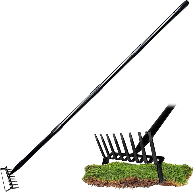 8-Tines Rake and Stirrup Hoe - Adjustable Long Handle Scuffle Loop Hula Action Hoe for Weeding, Digging, Loosening Soil, Stainless Steel Tiller Cultivator for Gardening, Raised Flower Beds Planting.