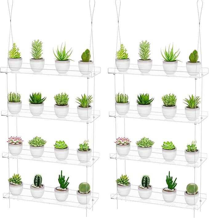 Clear Hanging Window Plant Shelves,2-Pack 4-Tier,Indoor Windows Wall Hanging Plant Stand Flower Display,Flower Pot Organizer Storage for Window Grow Herbs,Microgreens,Succulents,Flowe4,16-Inch