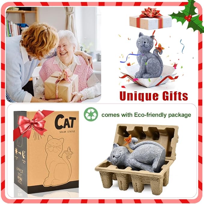 Nacome Solar Cat Outdoor Statues for Garden: Outside Decor with Butterfly Clearance for Yard Art Lawn Ornaments Porch Patio Balcony Home House - Birthday Gifts for Grandma Mom Women