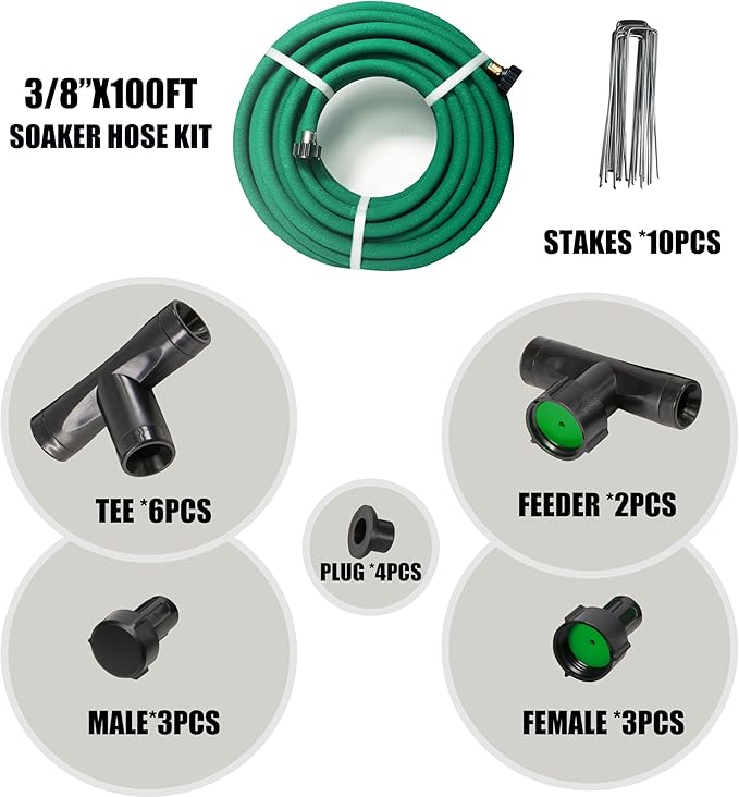 3/8inchx 100ft Soaker Hose Kit,Green Rubber Hose Water Saving up to 70%,Durable Flexible Soaker Hose that irrigation for Patio Lawn,Trees,Vegetables and Flowers