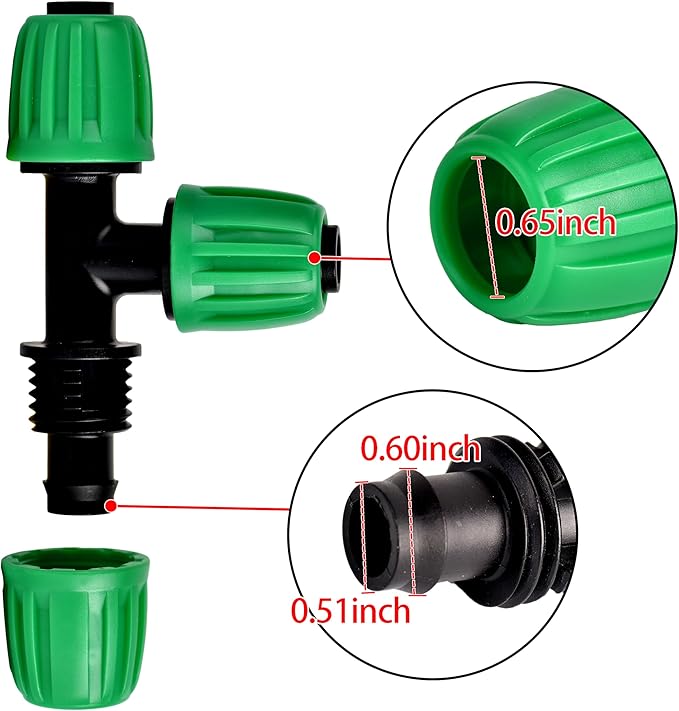 Drip Irrigation Tee Fittings Connectors For 1/2 inch Drip Tubing, Locking Caps Barbed Drip Fittings, Fit OD 0.60"- OD 0.65" Drip Line Tee For Garden Irrigation System-12 Pcs/pack