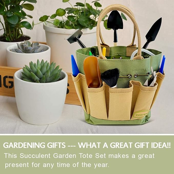 G GOOD GAIN Garden Succulent Kit with Organizer Bag, 14 Pieces Succulent Tools, Indoor Mini Hand Gardening Tools Set with Carrier for Bonsai Planter Miniature Fairy Planting Care(Green)