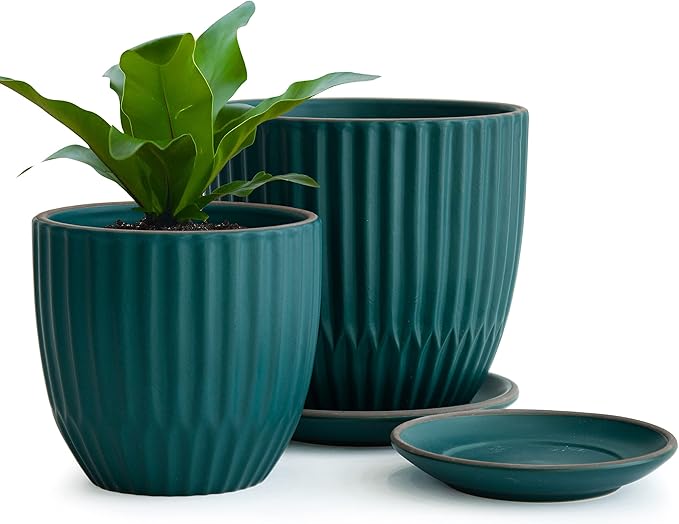 D'vine Dev Set of 2 Stoneware Planter Pots, Ceramic Pot with Drainage Hole and Saucers, 4.5 Inch 5.8 Inch, Dark Blue Green, 99-D-4