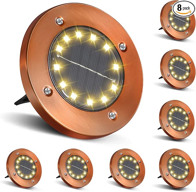 Outdoor In-Ground Lights Solar Disc Lights Outdoor Solar Garden Lights In Ground Solar Landscape Light 8 Pack 12 led for Pathway Yard Patio Walkway(Bronze, 8 Pack)