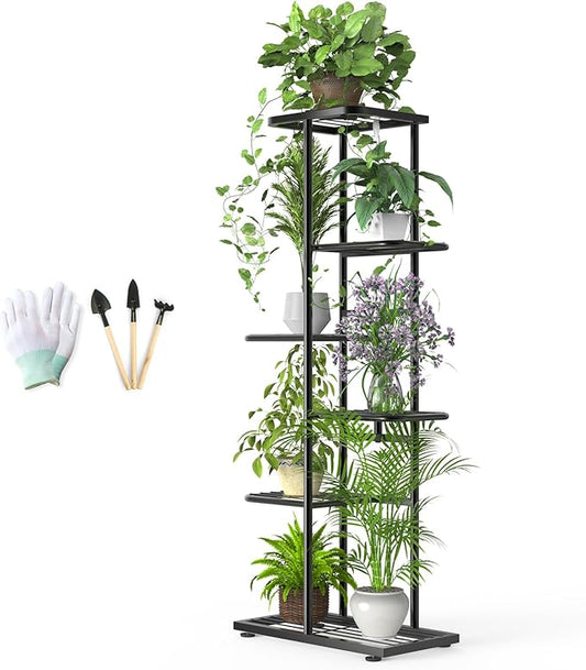 6 Tier 7 Potted Black Plant Stand Indoor Outdoor with Gardening Tools and Gloves, Upgraded Corner Metal Plant Rack Shelf for Multiple Plants, Tall Flower Pot Holder Display for Patio Living Room