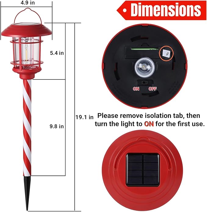 Dynaming 6 Pack Dual Use Solar Christmas Path Lights Outdoor, Hanging Lantern Solar Garden Light with Edison Bulb, Xmas Pathway Markers, Auto On/Off Candy Cane Lights for Patio Yard Walkway Driveway