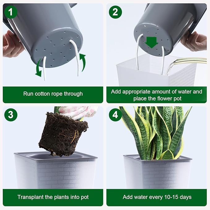 Self Watering Planter 2 Pieces 6 Inch, Plastic Flower Pots with Inner Pot Indoor Plants Brick Pattern Flowerpot for Indoor Plants, African Violets, Flowers, Herbs (Hazy White)