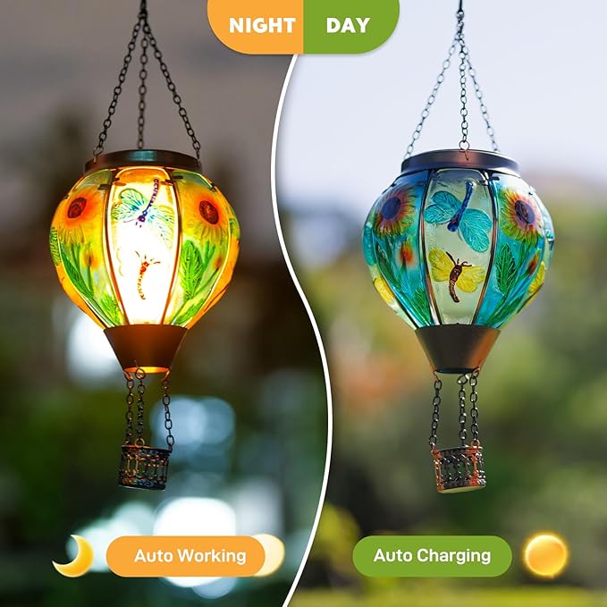 Hanging Hot Air Balloon Solar Lantern, Dragonfly Solar Power Hot Air Balloon Lantern Outdoor Waterproof, Glass Hanging Light for Outdoor Patio Garden Decor
