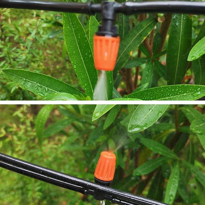 50pcs Micro Spray Adjustable Flow Irrigation Drippers, with 1/4" Barbed Tee Fittings, Adjustable Sprinkler drip Irrigation Head for Garden Watering System, Drip Irrigation Kit Parts