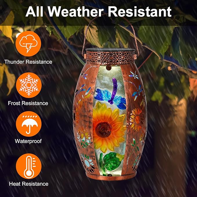 Solar Lanterns Outdoor Hanging Light - Sunflower Dragonfly Solar Powered LED Glass Lights Decorative Waterproof Tabletop Lamp with Hollowed-Out Design for Yard Table Patio Garden Pathway Holiday