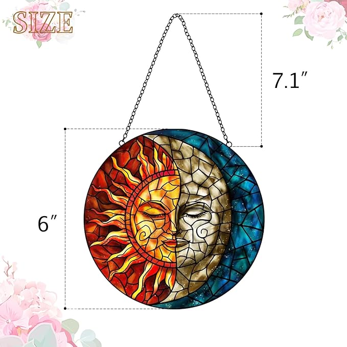 Sun and Moon Suncatcher Stained Glass Window Hanging - Handmade Stain Glass Suncatchers with Chain - Sun Catchers Indoor Window Glass Panel for Home Decor Garden Thanksgiving Valentines Day Gifts