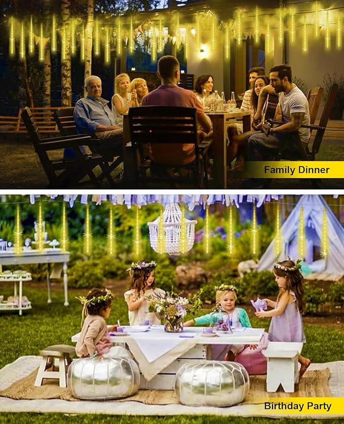 Meteor Shower Rain Lights Solar Christmas Lights Outdoor Falling Rain Drop Lights Snowfall Icicle Cascading String Lights 16 Tubes 16 Inch 576LED for Xmas Tree Wedding Party Holiday Patio Garden Decor