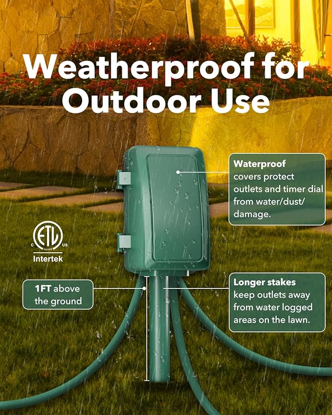 BN-LINK 7 Day Programmable Outdoor Power Stake Timer, 6 Outlets, 6FT Extension Cord Waterproof, Ideal for Outdoor Christmas Decorations & Garden, ETL Listed
