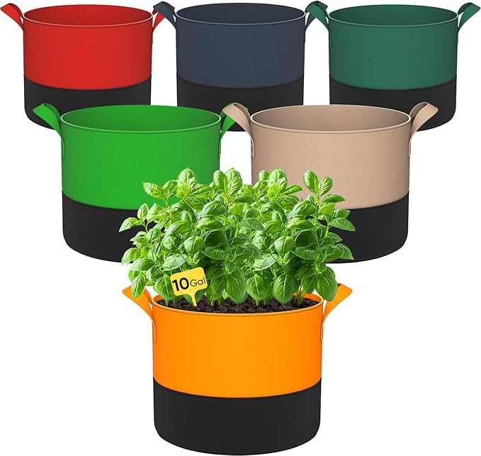 6 Pack 10 Gallon Grow Bags - 350G Heavy Duty Thickened Colorful Potato Grow Bags with Handles, Felt Nonwoven Garden Fabric Bags Gardening Pots for Vegetable Fruit Flowers Herbs Tomato Growing
