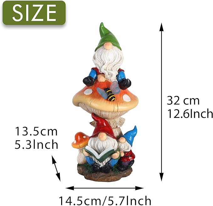 TERESA'S COLLECTIONS Garden Gnomes Statues Decorations for Yard with Solar Lights, Resin Sculptures& Statues on Mushroom Reading Garden Outdoor for Patio Lawn Ornaments,Ideal Gifts for Mom, 12.6"