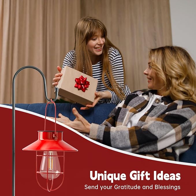 Solar Lantern with Shepherd Hook, Solar Lights Lantern lamp, Outdoor Lights Decor, Water Resistant Edison Bulb Lights for Garden Decor ,Outside Decor for Pathways,Patio, Lawn or Yard (Red，2 Pack)