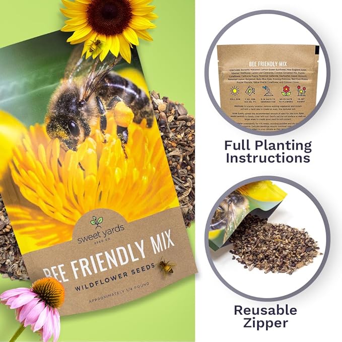 Bee Friendly Wildflower Seed Mix - Bulk 1/4 Pound Bag - Over 30,000 Open Pollinated Seeds - 100% Pure Live Seed - Save The Bees!
