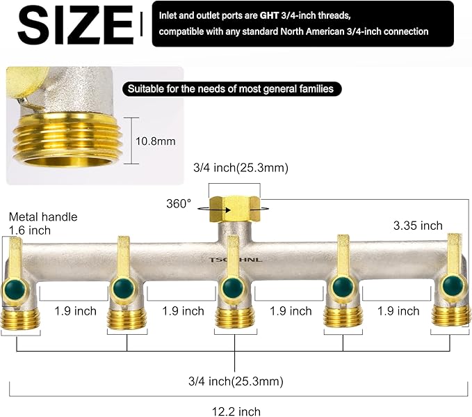 Brass Garden Hose Splitter, Outdoor Frostproof Faucet Splitter, 5-Way, Heavy Duty, Nickel Plated, Rustproof Faucet Splitter