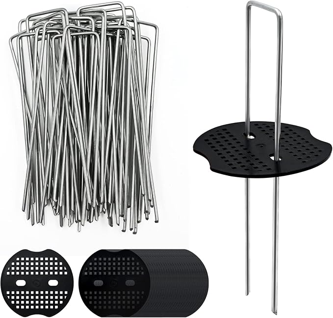 40 Pack 6 Inch Landscape Staples & 40pcs Fixing Gasket Sets, Garden Stakes Galvanized Steel Fabric Pins Heavy-Duty U Shape Sod Turf Pins for Ground Weed Fabric Barrier, Orchard, Yard, Tents