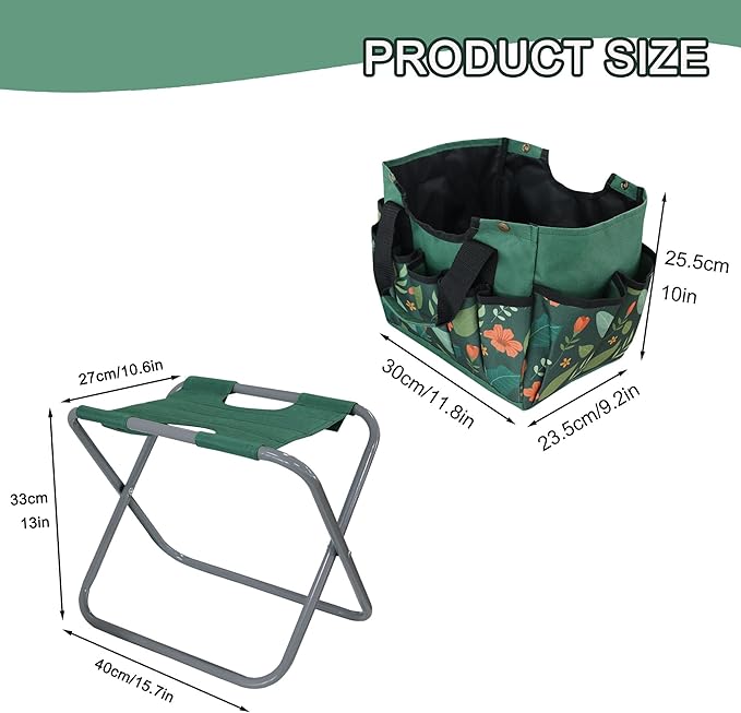 Folding Gardening Stool with Detachable Storage Tote Bag, Multifunctional Gardening Tools Set Organizer for Fishing and Camping,Portable Garden Chair Seat for Adults (Green Flower)