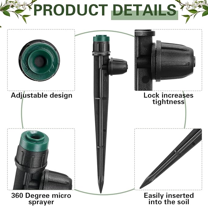 100 Pcs Drip Irrigation Emitters for 1/4" Tubing 50 Micro Irrigation Emitters Sprayer 50 Adjustable 360 Degree Water Flow Drippers for Garden Irrigation System(Green, Latch)