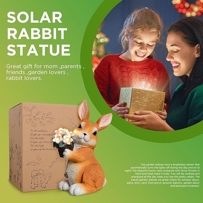 SIX FOXES Solar Garden Outdoor Statues Bunny with Flowers LED Lights - Large Size XXL(10.4×4.5×5.7 inches), Rabbit Decor for Patio, Balcony, Yard, Lawn Ornament, Unique Gifts for Everybody
