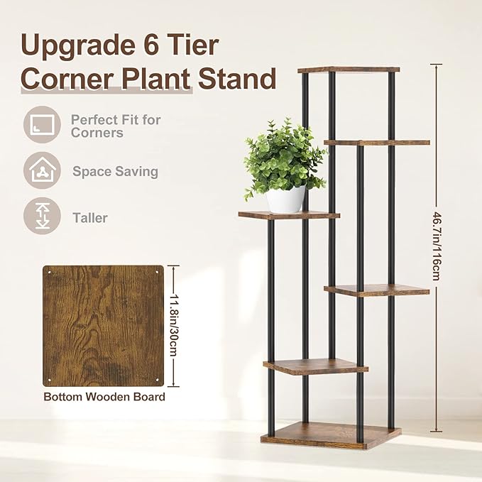 6 Tier Plant Stand Indoor Outdoor, Tall Corner Wood Metal Plant Shelf Holder Clearance, Large Multiple Flower Pot Rack for Patio Orchid Office Porch Living Room Bedroom Garden Balcony, Black