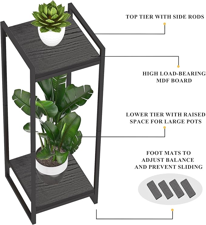 34" Tall Plant Stand Indoor, 2-Tier Modern Plant Shelf Corner Flower Pot Holder Organizer for Living Room Balcony Garden, Black