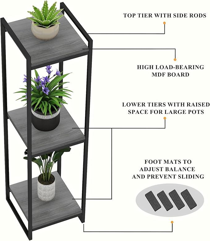 45" Tall Plant Stand Indoor, 3-Tier Modern Plant Shelf Corner Flower Pot Holder Organizer for Living Room Balcony Garden, Oak Grey