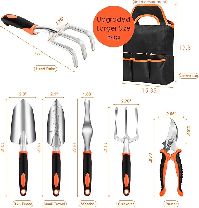 Garden Tool Set with Non Slip Rubber Grip,8 Piece Stainless Steel Gardening Tool Sets,Heavy Duty Outdoor Hand Tools Durable Storage Tote Bag,Uprooting Weeding Tool, Gifts for Women Men(Orange)